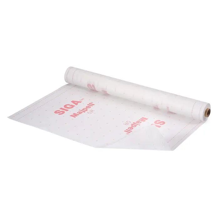 Siga Dampfbremsfolie Majpell 5 R - 30 m², Polyolefin - Nahaufnahme einer Rolle SIGA Majpell 5R Dampfbremsbahn, die für den Einsatz im Bauwesen bestimmt ist.