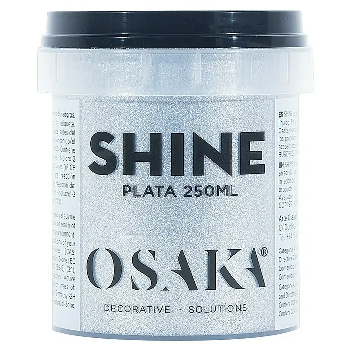 Osaka Barniz de efectos decorativo Shine - 250 ml, Plata - Bote de "Shine Plata 250ml" de Osaka, pintura decorativa plateada. Ideal para proyectos creativos y DIY.