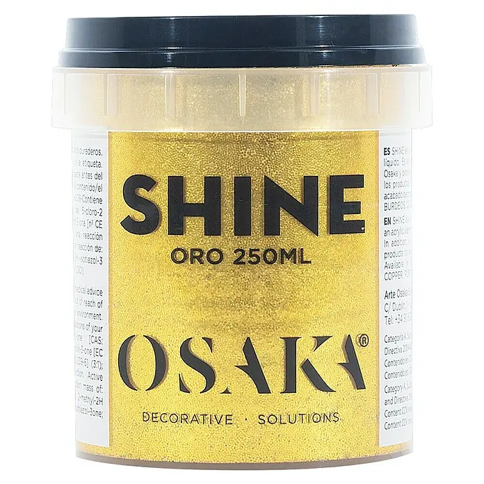 Osaka Barniz de efectos decorativo Shine - 250 ml, Oro - Primer plano de un bote de purpurina de Osaka Shine Oro 250ml, ideal para soluciones decorativas y proyectos de manualidades.