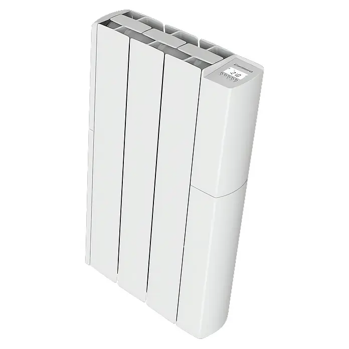 Corberó Emisor térmico - 500 W, Blanco, 9,5 x 33,5 x 58 cm, Fluido - Imagen de un radiador eléctrico blanco con pantalla digital. Diseño moderno para calefacción eficiente.