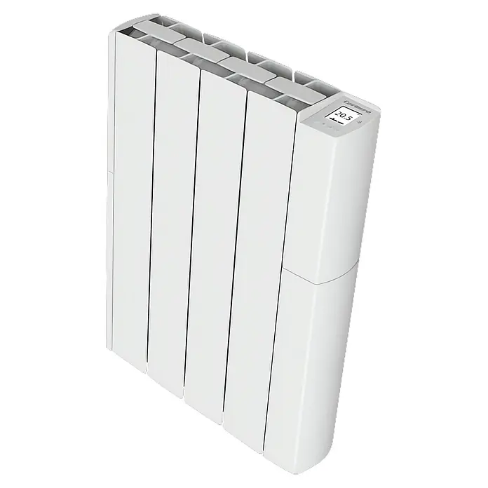 Corberó Emisor térmico Wifi - 750 W, Blanco, 9,5 x 41,5 x 58 cm, Fluido - La imagen muestra un radiador Carisa blanco con pantalla digital, un sistema de calefacción moderno para espacios residenciales.