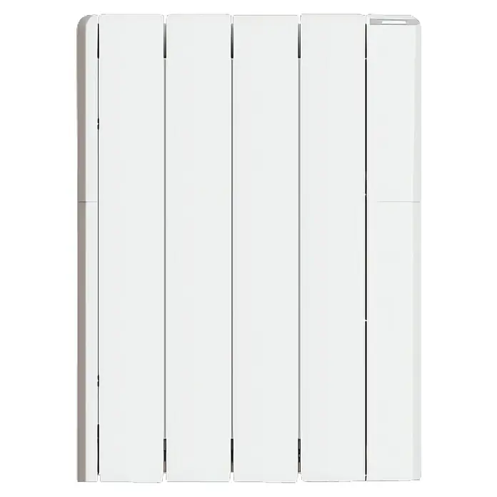 Corberó Emisor térmico Wifi - 750 W, Blanco, 9,5 x 41,5 x 58 cm, Fluido - Vista frontal de un radiador blanco de paneles múltiples, ideal para un sistema de calefacción moderno y una distribución eficiente del calor.