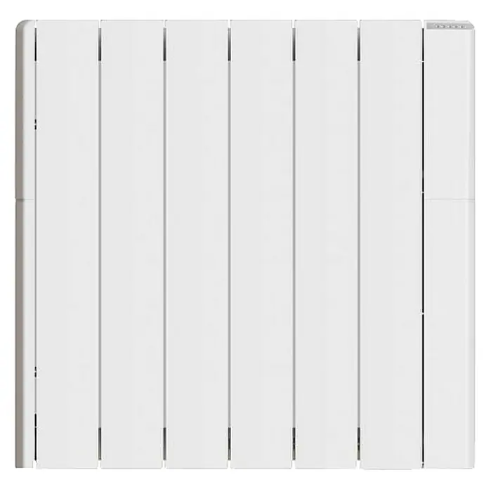 Corberó Emisor térmico - 1.000 W, Blanco, 9,5 x 58 x 57,5 cm, Fluido - Primer plano de un radiador blanco con múltiples paneles, que muestra un diseño moderno y una eficiente distribución del calor.