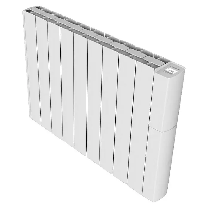 Corberó Emisor térmico - 1.500 W, Blanco, 9,5 x 81,5 x 58 cm, Fluido - La imagen muestra un radiador digital blanco con múltiples aletas y una pantalla para la lectura de la temperatura.
