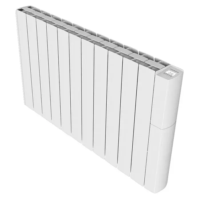 Corberó Emisor térmico - 1.800 W, Blanco, 9,5 x 97,5 x 58 cm, Fluido - Primer plano de un radiador blanco con pantalla digital sobre fondo negro, ideal para calefacción eficiente.