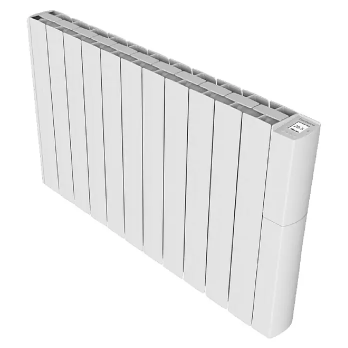 Corberó Emisor térmico Wifi - 1.800 W, Blanco, 9,5 x 97,5 x 58 cm, Fluido - Primer plano de un radiador moderno blanco con pantalla digital que aporta calidez y confort a cualquier habitación.