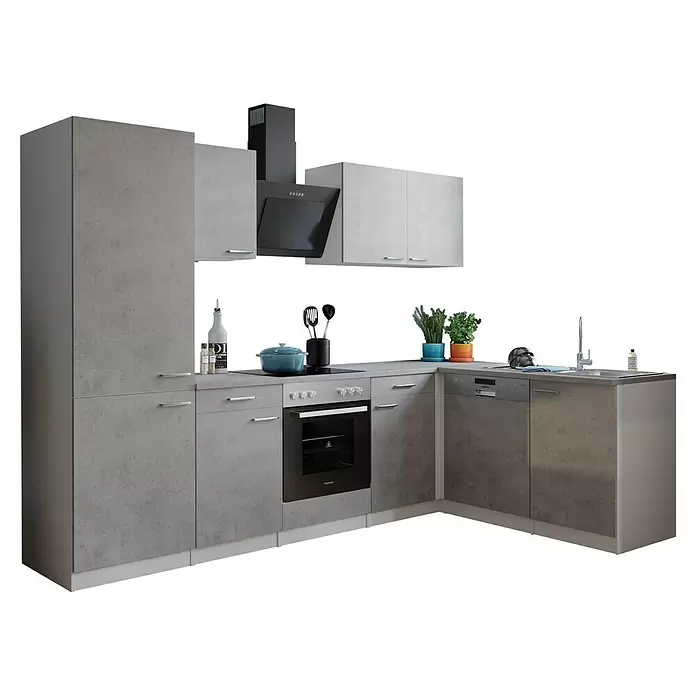 Respekta Winkelküche Malia Typ 1 - B x T: 280 x 172 cm, Beton, Mit Elektrogeräten - Graue modulare Küche in Betonoptik mit schwarzem Backofen, Dunstabzugshaube, Geschirrspüler und Spüle.