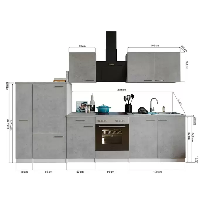 Respekta Küchenzeile Malia Typ 2 - Breite: 300 cm, Beton, Mit Elektrogeräten - Graue Küchenzeile in Betonoptik mit Backofen, Kochfeld, Spüle, Ober- und Unterschränken sowie Dunstabzugshaube.