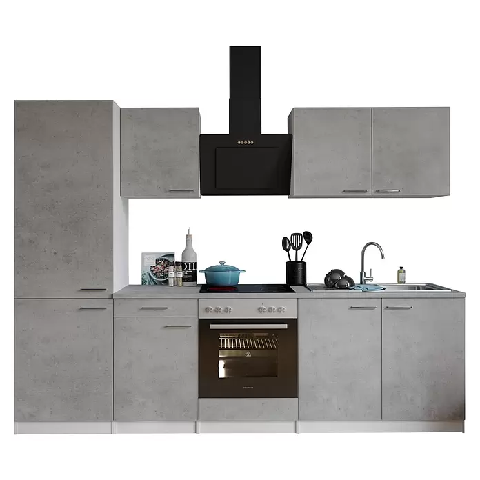 Respekta Küchenzeile Malia Typ 1 - Breite: 270 cm, Beton, Mit Elektrogeräten - Moderne Küche in Betonoptik Grau mit integrierten Geräten, Spüle und Kochzubehör, funktional gestaltet.