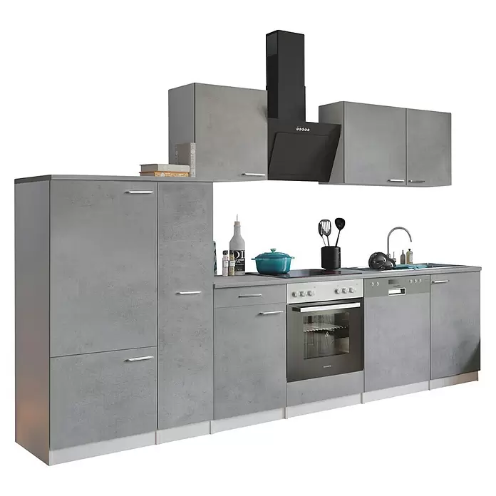 Respekta Küchenzeile Malia Typ 2 - Breite: 310 cm, Beton, Mit Elektrogeräten - Moderne Küchenzeile in Betonoptik Grau mit Ofen, Kochfeld, Spüle, Spülmaschine und schwarzer Dunstabzugshaube.