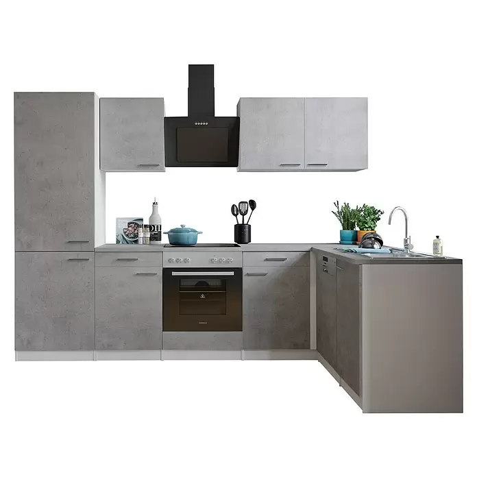 Respekta Winkelküche Malia Typ 1 - B x T: 280 x 172 cm, Beton, Mit Elektrogeräten - Moderne L-förmige Küchenzeile in Betonoptik Grau mit Backofen, Herd, Spüle und dunkler Dunstabzugshaube.