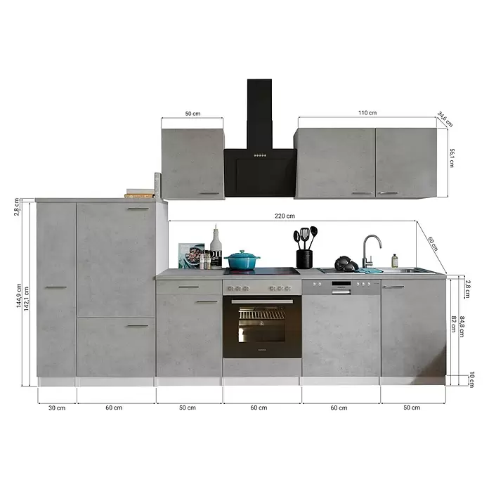 Respekta Küchenzeile Malia Typ 2 - Breite: 310 cm, Beton, Mit Elektrogeräten - Moderne Einbauküche in hellgrauer Betonoptik, mit Unter- und Oberschränken, Backofen, Kochfeld, Geschirrspüler, Dunstabzugshaube und Spüle.