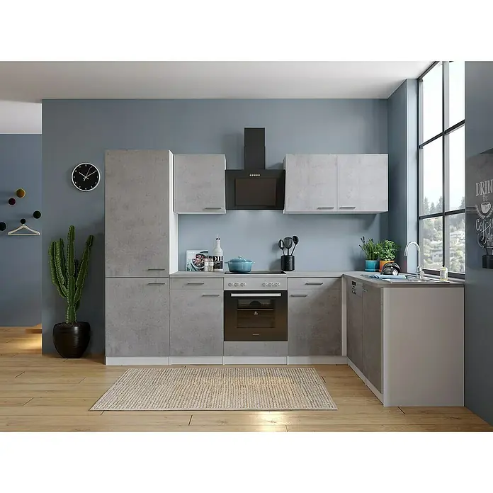 Respekta Winkelküche Malia Typ 1 - B x T: 280 x 172 cm, Beton, Mit Elektrogeräten - Moderne Küche in Grautönen mit passenden Möbeln, einer Dunstabzugshaube und großen Fenstern für viel Tageslicht.
