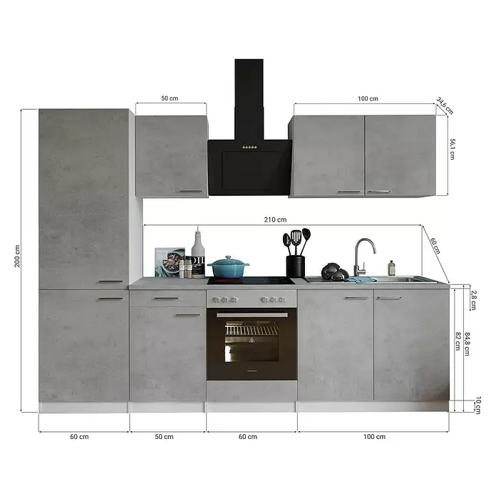 Respekta Küchenzeile Malia Typ 1 - Breite: 270 cm, Beton, Mit Elektrogeräten - Küchenzeile in Betonoptik mit grauen Schränken, schwarzen Geräten (Kochfeld, Backofen, Dunstabzug) und Spüle. Maße sind angegeben.
