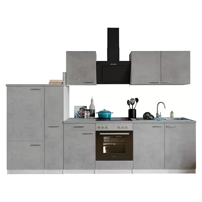 Respekta Küchenzeile Malia Typ 2 - Breite: 300 cm, Beton, Mit Elektrogeräten - Moderne hellgraue Küchenzeile mit Betonoptik-Schränken, integriertem schwarzem Backofen, Kochfeld, Spüle und Dunstabzugshaube.