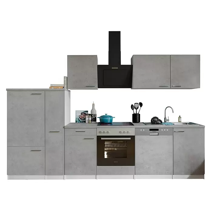 Respekta Küchenzeile Malia Typ 2 - Breite: 310 cm, Beton, Mit Elektrogeräten - Moderne Küchenzeile in Betonoptik Grau mit integriertem Backofen, Kochfeld, Spüle, Geschirrspüler und Dunstabzugshaube.