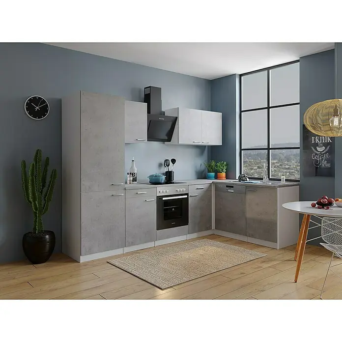 Respekta Winkelküche Malia Typ 1 - B x T: 280 x 172 cm, Beton, Mit Elektrogeräten - Helle Küche mit grauen Schränken und Holzboden, akzentuiert durch eine moderne Dunstabzugshaube und einen runden Esstisch mit Stühlen.