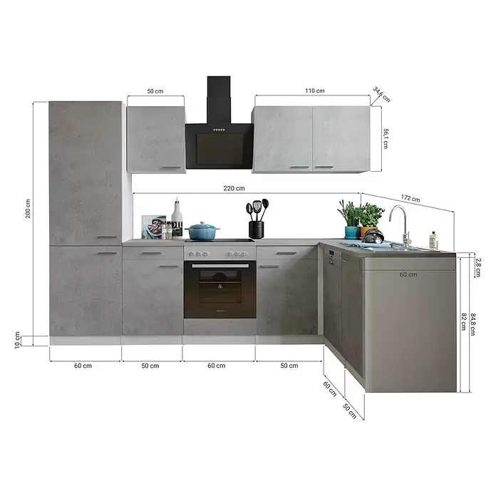 Respekta Winkelküche Malia Typ 1 - B x T: 280 x 172 cm, Beton, Mit Elektrogeräten - L-förmige, modulare Küche in Betonoptik mit Unterschränken, Hängeschränken, Backofen, Spüle und Geschirrspüler.