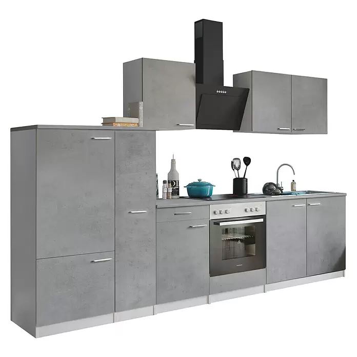 Respekta Küchenzeile Malia Typ 2 - Breite: 300 cm, Beton, Mit Elektrogeräten - Moderne Küchenzeile in Betonoptik Grau mit schwarzem Backofen, Dunstabzug und Spüle.