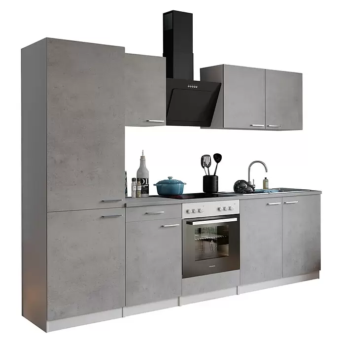 Respekta Küchenzeile Malia Typ 1 - Breite: 270 cm, Beton, Mit Elektrogeräten - Moderne graue Küchenzeile mit schwarzen Geräten und Spüle.