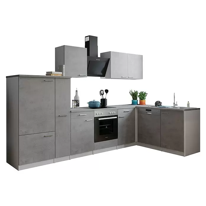 Respekta Winkelküche Malia Typ 2 - B x T: 310 x 172 cm, Beton, Mit Elektrogeräten - L-förmige Küchenzeile in Betongrau mit integriertem Backofen, Spüle und Geschirrspüler, passenden Oberschränken und Dunstabzugshaube.