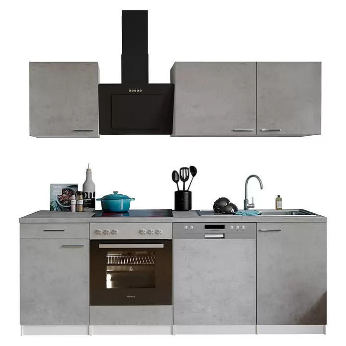 Respekta Singleküche Malia - Breite: 220 cm, Beton, Dekor Arbeitsplatte: Betonoptik - Graue Küchenzeile in Betonoptik mit Backofen, Kochfeld, Spüle, Geschirrspüler und schwarzer Dunstabzugshaube.