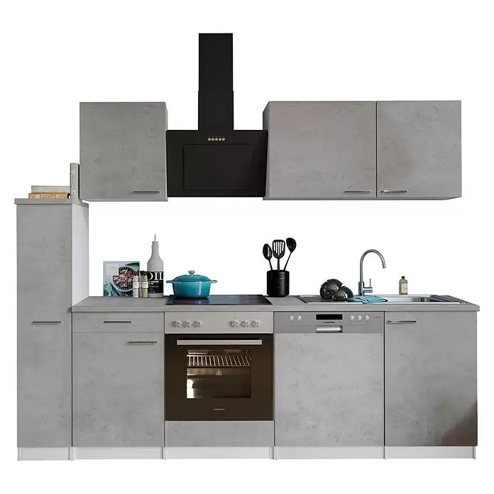Respekta Singleküche Malia - Breite: 250 cm, Beton, Dekor Arbeitsplatte: Betonoptik - Moderne Küchenzeile in Betonoptik Grau mit integrierten Geräten wie Ofen, Kochfeld, Dunstabzugshaube und Spüle.