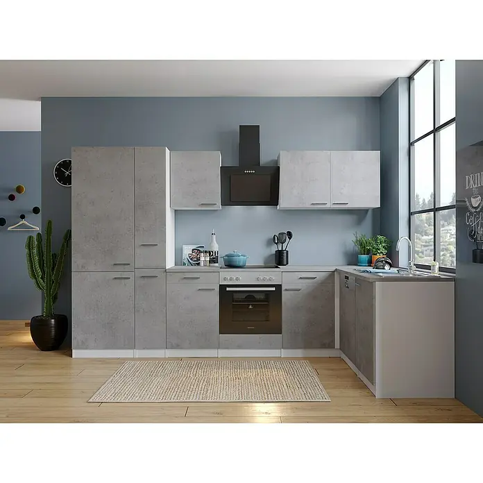 Respekta Winkelküche Malia Typ 4 - B x T: 310 x 172 cm, Beton, Mit Elektrogeräten - Moderne Küche in Grau mit integrierten Geräten und viel Stauraum. Die Küche verfügt über eine stilvolle Dunstabzugshaube und eine helle Arbeitsplatte.