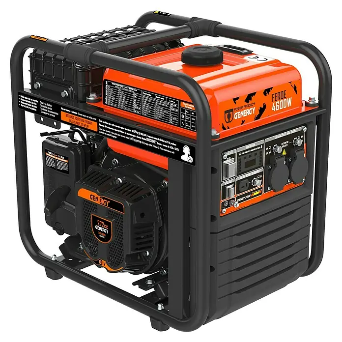 Genergy Generador Feroe - 4,2 kW, Volumen del depósito: 10 l - Imagen de un generador de energía portátil Genergy FERDE 4600W con tanque naranja y marco negro, diseñado para uso en exteriores.