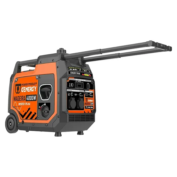 Genergy Generador Madeira - 3,6 kW, Volumen del depósito: 7,8 l - La imagen muestra un generador de energía portátil de la marca GENERGY, de color naranja y gris, con una potencia de 4000W.