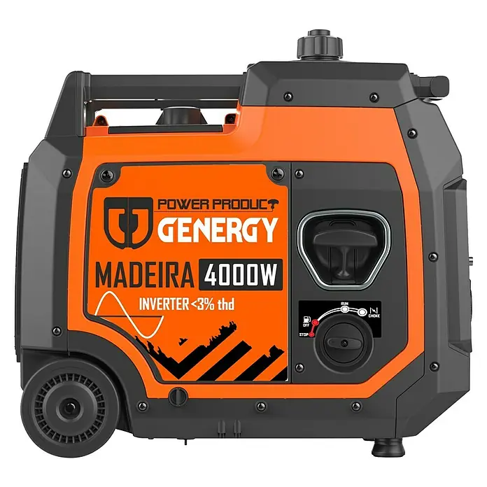 Genergy Generador Madeira - 3,6 kW, Volumen del depósito: 7,8 l - Vista de un generador inversor G-Energy Madeira 4000W naranja y gris.
