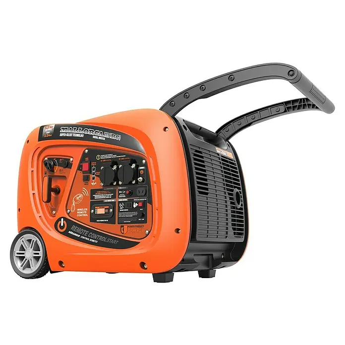 Genergy Generador Mallorca - 3 kW, Volumen del depósito: 6,8 l - Aquí hay un generador de energía portátil naranja Mallorca II (RC) con ruedas y un mango telescópico.