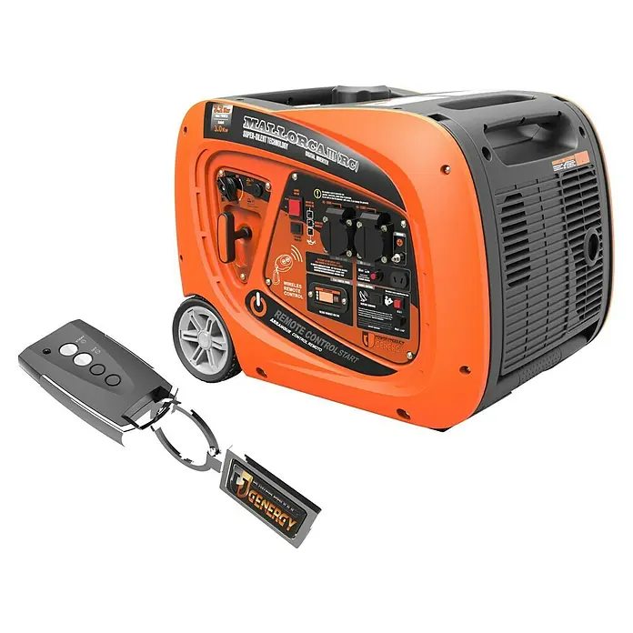 Genergy Generador Mallorca - 3 kW, Volumen del depósito: 6,8 l - Un generador portátil Genenergy naranja y gris con control remoto para facilitar su uso.