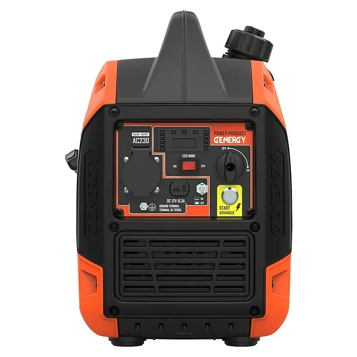 Genergy Generador Palma - 1,5 kW, Volumen del depósito: 4 l, Consumo: 0,8 l/h - Imagen de un generador Genenergy, que muestra un diseño compacto y portátil con detalles en naranja.