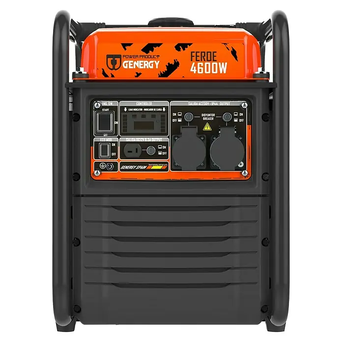 Genergy Generador Feroe - 4,2 kW, Volumen del depósito: 10 l - Vista de un generador FERDE 4600W de GENERGY, con panel de control, interruptores y enchufes para el funcionamiento eléctrico.