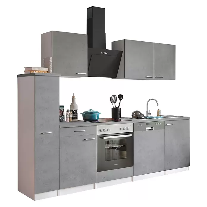 Respekta Singleküche Malia - Breite: 250 cm, Beton, Dekor Arbeitsplatte: Betonoptik - Moderne graue Küchenzeile in Betonoptik, mit Backofen, Kochfeld, Spüle, Geschirrspüler und schwarzer Dunstabzugshaube.