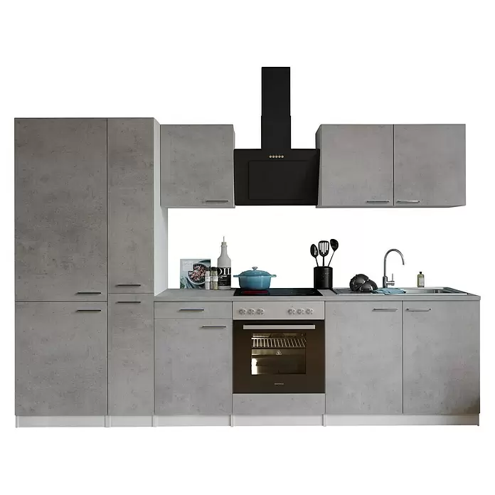 Respekta Küchenzeile Malia Typ 1 - Breite: 300 cm, Beton, Mit Elektrogeräten - Moderne hellgraue Küchenzeile mit Betonoptik-Fronten, inkl. schwarzem Backofen, Kochfeld, Dunstabzugshaube und Edelstahlspüle.