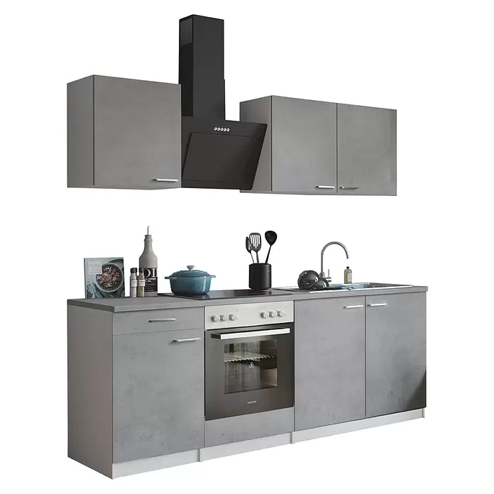 Respekta Singleküche Malia - Breite: 210 cm, Beton, Dekor Arbeitsplatte: Betonoptik - Moderne Küchenzeile in Betonoptik Grau mit Ober- und Unterschränken, schwarzer Dunstabzugshaube, integriertem Backofen und Spüle.