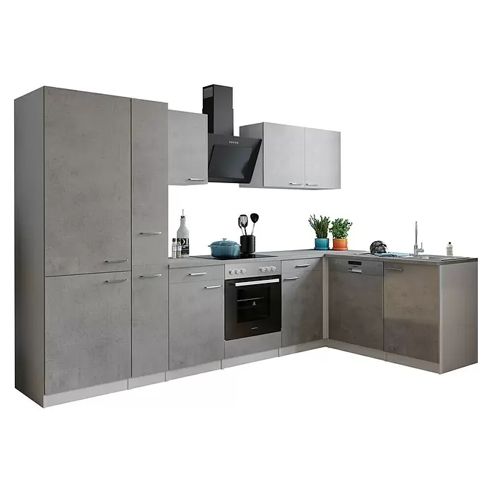 Respekta Winkelküche Malia Typ 4 - B x T: 310 x 172 cm, Beton, Mit Elektrogeräten - L-förmige Küchenzeile mit grauen Betonoptik-Schränken, integrierten Geräten und Edelstahlspüle.
