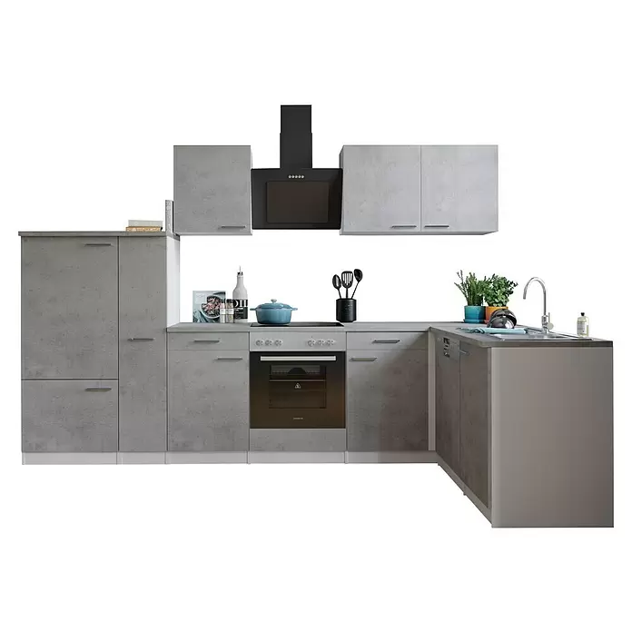 Respekta Winkelküche Malia Typ 2 - B x T: 310 x 172 cm, Beton, Mit Elektrogeräten - Moderne L-förmige Küchenzeile in Betonoptik Grau, mit integriertem Backofen, Kochfeld, Spüle und Hängeschränken.