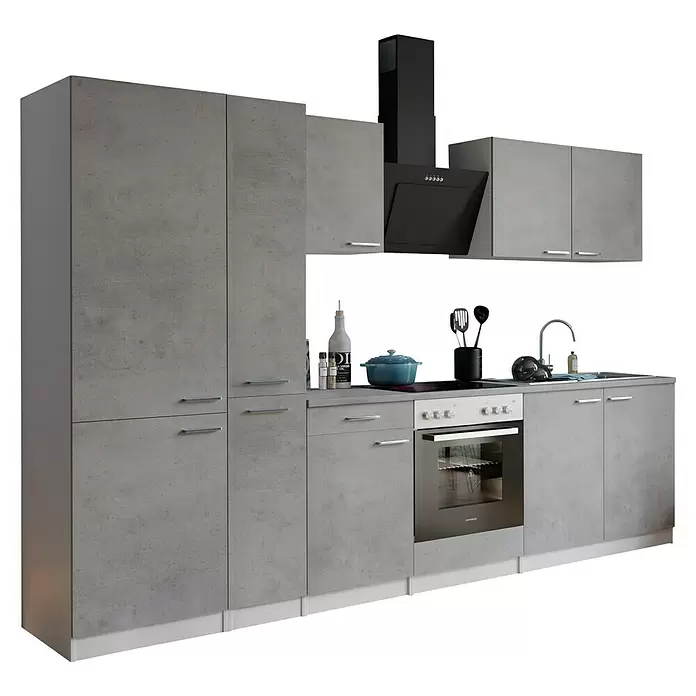 Respekta Küchenzeile Malia Typ 1 - Breite: 300 cm, Beton, Mit Elektrogeräten - Graue modulare Küchenzeile mit weißem Sockel, integriertem Backofen, Kochfeld, Spüle und schwarzer Dunstabzugshaube.