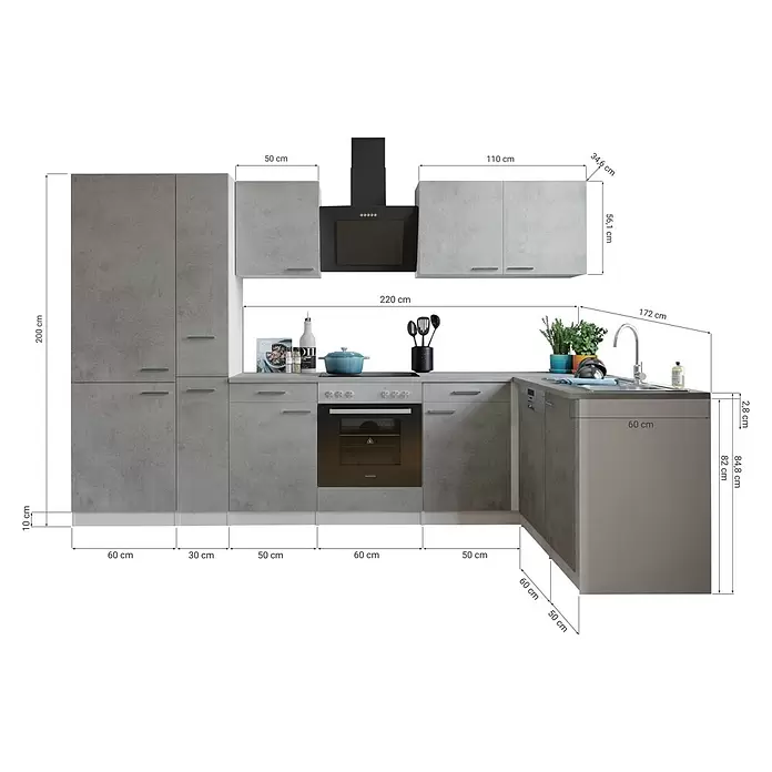 Respekta Winkelküche Malia Typ 4 - B x T: 310 x 172 cm, Beton, Mit Elektrogeräten - L-förmige graue Küche mit betongrauen Schränken, Kochfeld, Backofen, Spüle, Dunstabzugshaube und Maßangaben.