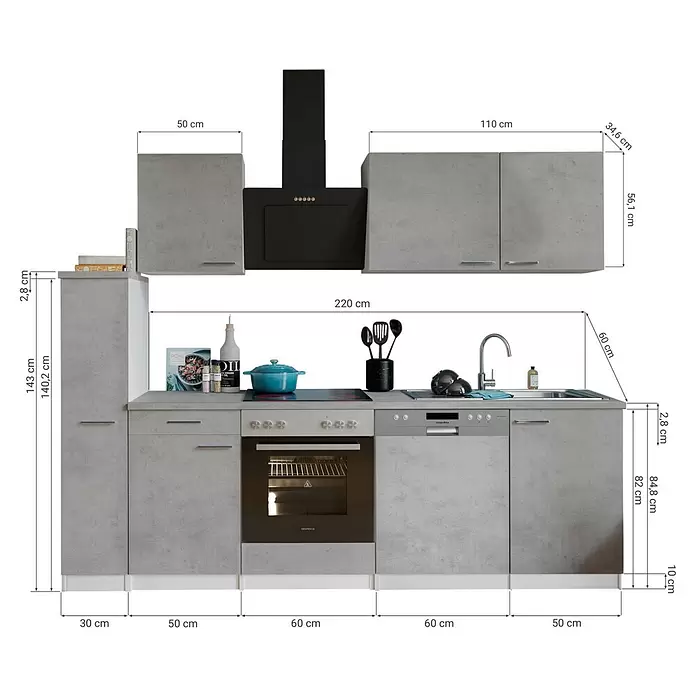 Respekta Singleküche Malia - Breite: 250 cm, Beton, Dekor Arbeitsplatte: Betonoptik - Moderne Einbauküche in hellgrauer Betonoptik mit integrierten Geräten (Spüle, Kochfeld, Backofen, Geschirrspüler, Dunstabzugshaube) und Maßen.