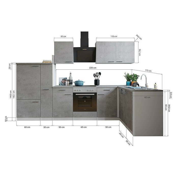 Respekta Winkelküche Malia Typ 2 (B x T: 310 x 172 cm, Beton, Mit Elektrogeräten) | BAUHAUS