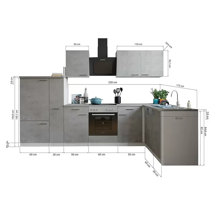 Respekta Winkelküche Malia Typ 2 - B x T: 310 x 172 cm, Beton, Mit Elektrogeräten - Graue L-förmige Küchenzeile mit Betonoptik, inklusive Backofen, Kochfeld und Spüle, Maße dargestellt.