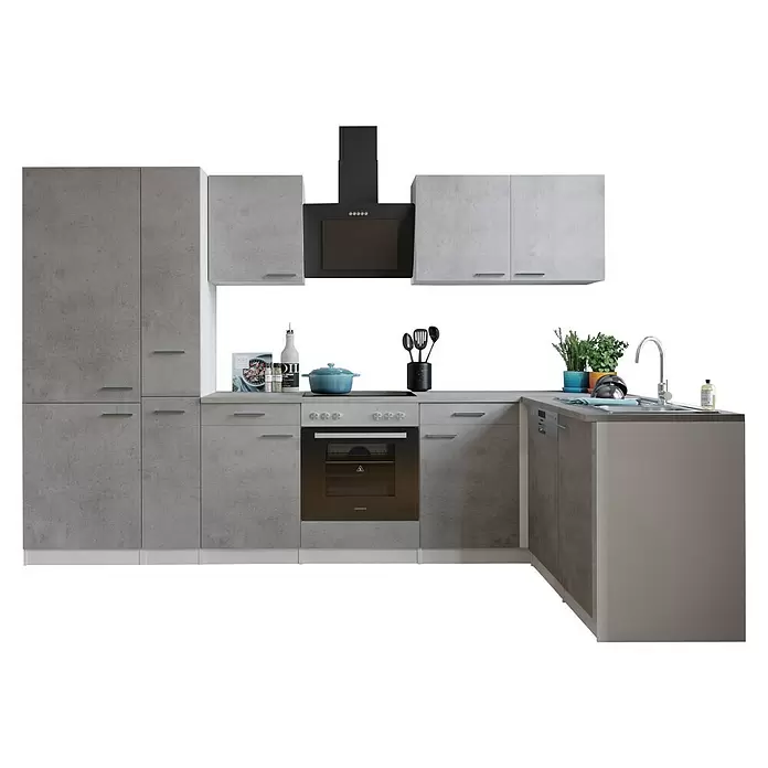 Respekta Winkelküche Malia Typ 4 - B x T: 310 x 172 cm, Beton, Mit Elektrogeräten - Moderne graue Eckküche mit Betonoptik-Schränken, schwarzem Ofen, Kochfeld, Dunstabzugshaube und Spüle.