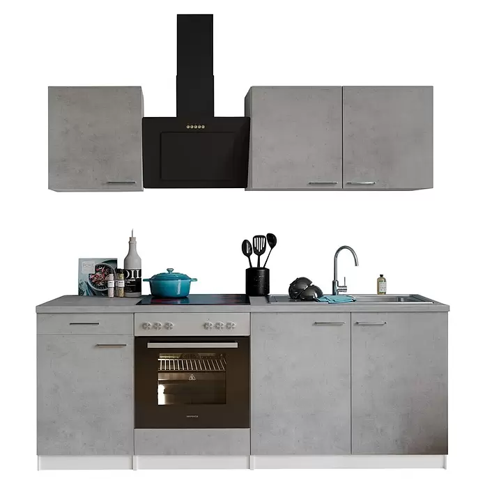 Respekta Singleküche Malia - Breite: 210 cm, Beton, Dekor Arbeitsplatte: Betonoptik - Moderne graue Küchenzeile mit schwarzer Dunstabzugshaube, Backofen, Kochfeld und Spüle, ausgestattet mit Kochzubehör.