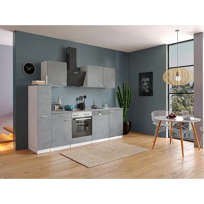 Respekta Singleküche Malia - Breite: 250 cm, Beton, Dekor Arbeitsplatte: Betonoptik - Ein modernes Küchenset in Grautönen mit integrierten Geräten und einem stilvollen Esstischbereich. Die perfekte Kombination aus Funktionalität und Design.