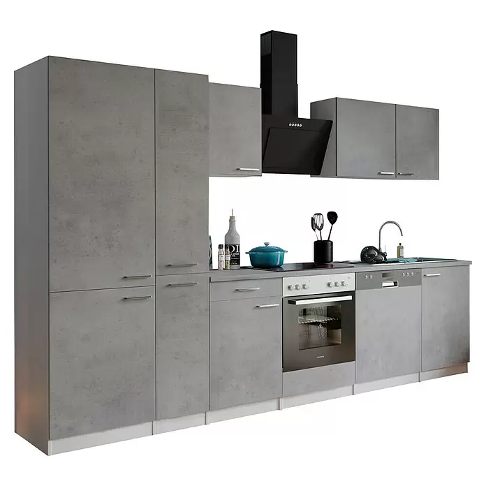 Respekta Küchenzeile Malia Typ 1 - Breite: 310 cm, Beton, Mit Elektrogeräten - Graue Küche in Betonoptik mit integriertem Backofen, Kochfeld, Spüle und Dunstabzugshaube.