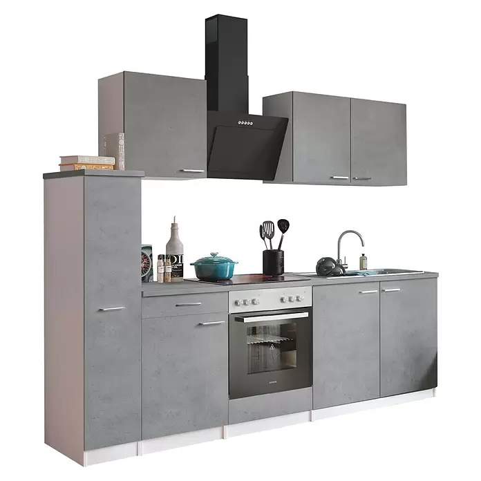 Respekta Singleküche Malia - Breite: 240 cm, Beton, Dekor Arbeitsplatte: Betonoptik - Moderne graue Modulküche mit Betonoptik-Schränken, schwarzen Geräten und Spüle.